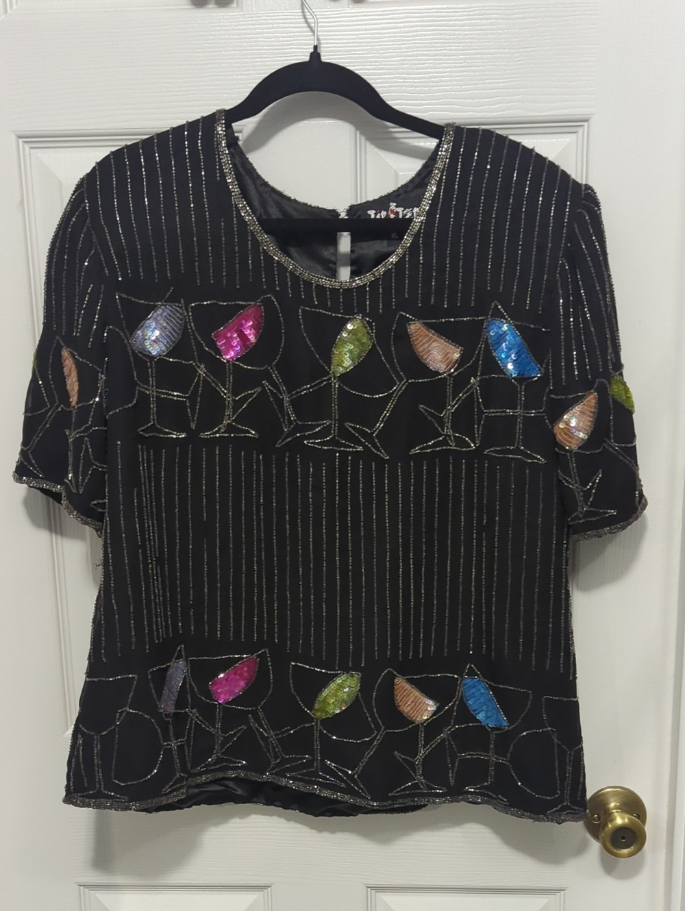 Vintage Black Sequin Cocktail Glass Embellished Top Size XL